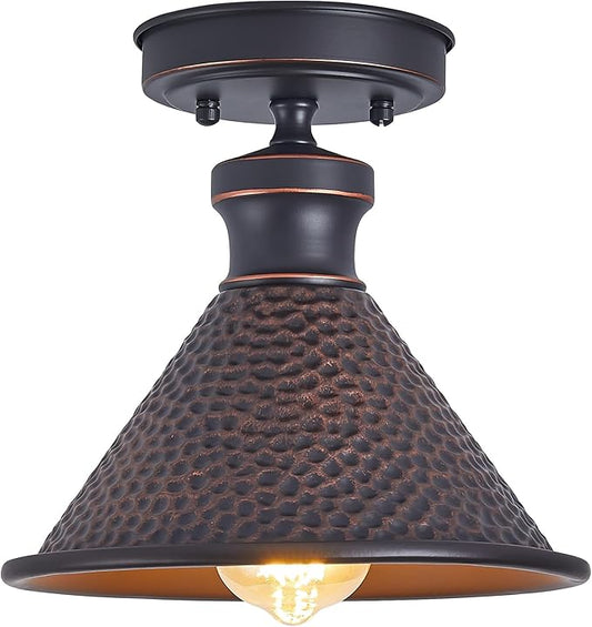 9.2" Industrial Semi Flush Mount Ceiling Light,Vintage Hammered Pattern Cast Aluminum Shade,1-Light E26 Classic Lamp,Oil Rubbed Bronze Farmhouse Lighting for Hallway Kitchen Entryway.