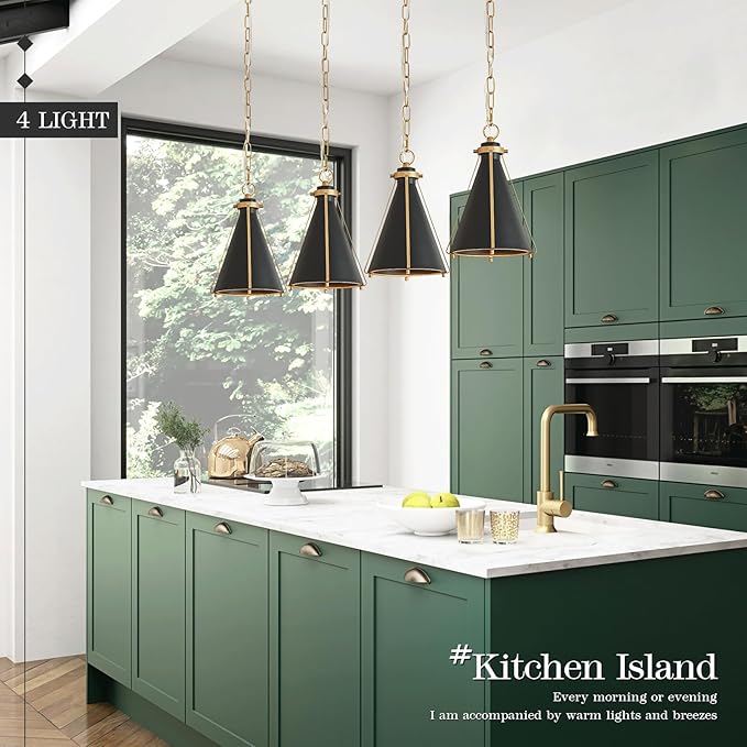 Black Gold Kitchen Island Light 4-Light Pendant Light Fixture Cone Shade 42" Rectangle Chandelier Light Fixture for Dining Room Bar Counter