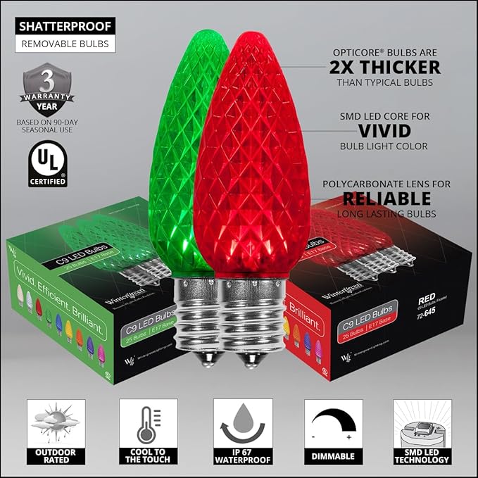 Wintergreen Lighting 100 C9 OptiCore LED Commercial Outdoor Christmas Lights – Heavy Duty Christmas String Lights; Green Wire (100 ft, Red/Green)