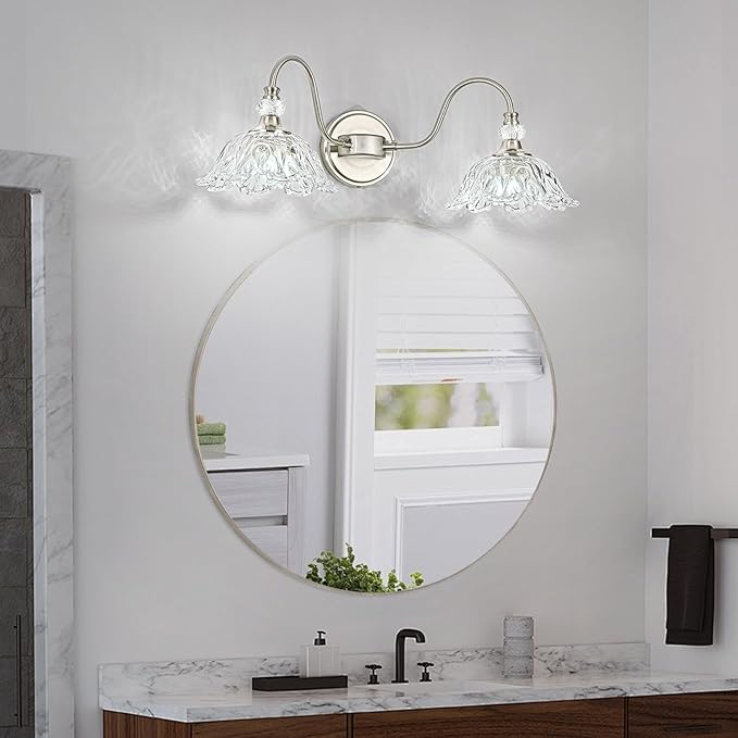Brushed Nickel Bathroom Vanity Light, 2-Light Vanity Light with Floral Clear Glass Shades, Nickel Wall Mount Lighting for Bathroom, Dressing Table