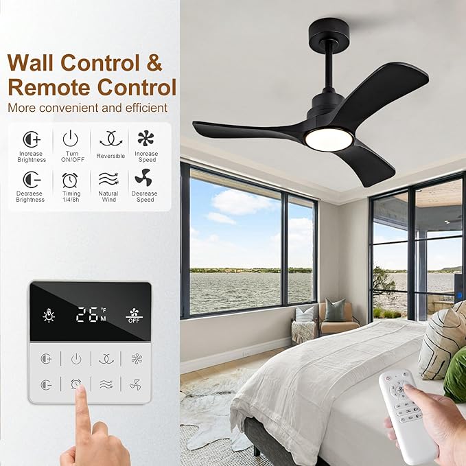 Black Ceiling Fans with Lights,36 inch Solid Wood Ceiling Fan,Remote Control,Wall Switch,Dimmable,Reversible Quiet DC Motor,Power Off Memory Modern Ceiling Fan for Bedroom Patio Indoor/Outdoor