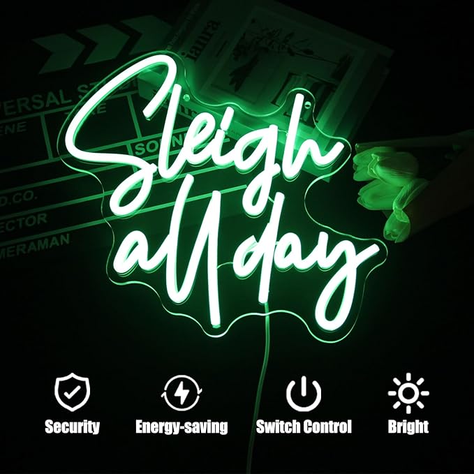 Sleigh All Day Neon Lights Signs Christmas Neon Sign Green Letter LED Neon Lights for Wall Words Xmas Neon Light Up Sign for Bedroom Bar Man Cave Christmas Party Decor