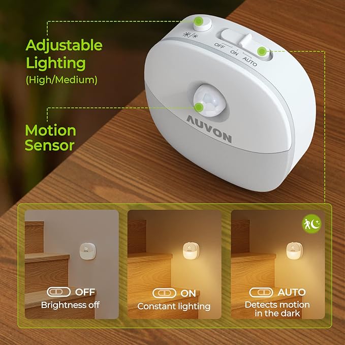AUVON Rechargeable Battery Night Light, Mini with Motion Sensor, Warm White LED Stick-On Closet Light with Dusk to Dawn Sensor, Adjustable Brightness for Wall, Stairs, Hallway, Cabinet (2 Pack)