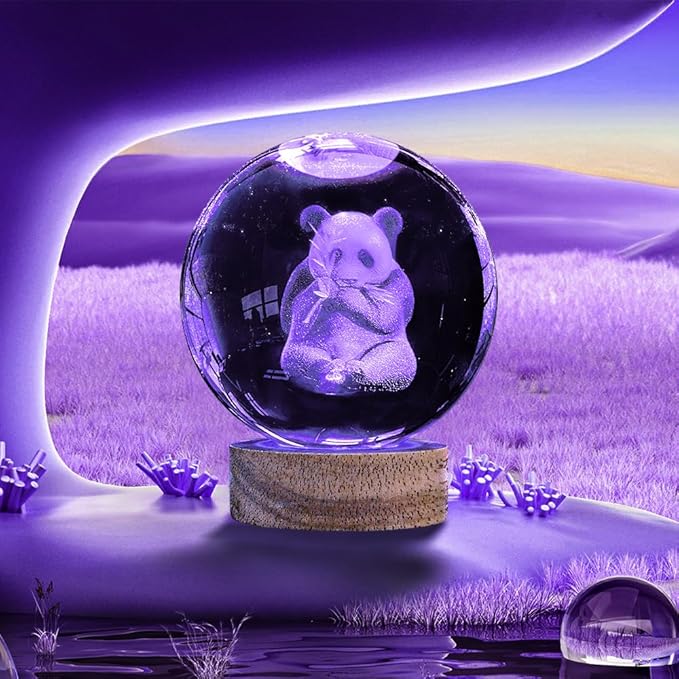 Panda Crystal Ball Night Light - 3.15 in Panda Glass Ball Lamp with 16 Color Changing Wooden Base and Remote Control - Ideal Gift for Kids, Friends & Decor