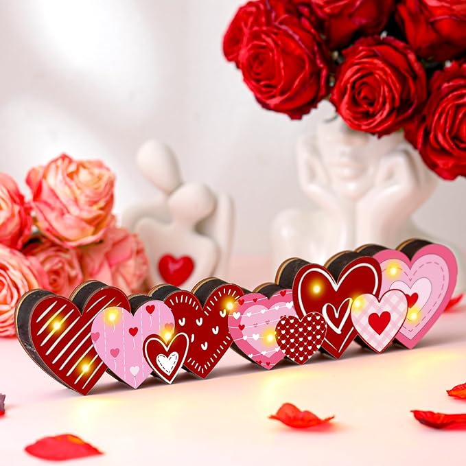 Yousoontic Valentines Day Heart Decor Table Centerpieces Valentines Wooden Heart Sign Decorations with LED Lights 3D Block Pink Red Love Romantic Decor for Home Mantel Desk Office Party Decorations