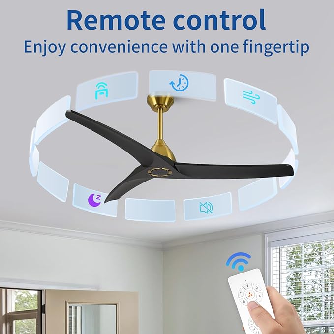 54 Inch Modern Ceiling Fan No Lights,Wood Ceiling Fan without Light,6-Speed,Reversible DC Motor,Timer,Outdoor with Remote for Bedroom Living Room Patios,Black and Gold