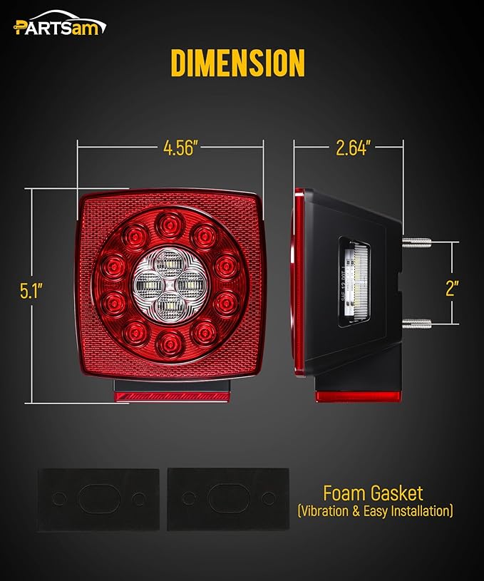 Partsam 12V Submersible Square Led Trailer Lights, Red White LED Stop Turn Tail Reverse Backup License Side Marker Running Light Lamp for Trailers Under 80", Truck, IP68, Red Clear Lens