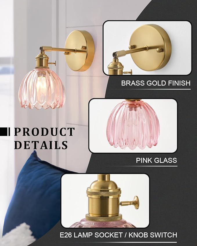 Plug in and Hardwired Wall Sconces, Luxury Vintage Tulip Crystal Glass Shade Wall Light with Switch for Bedside Bedroom Living Room (Tulip-Pink, 1)