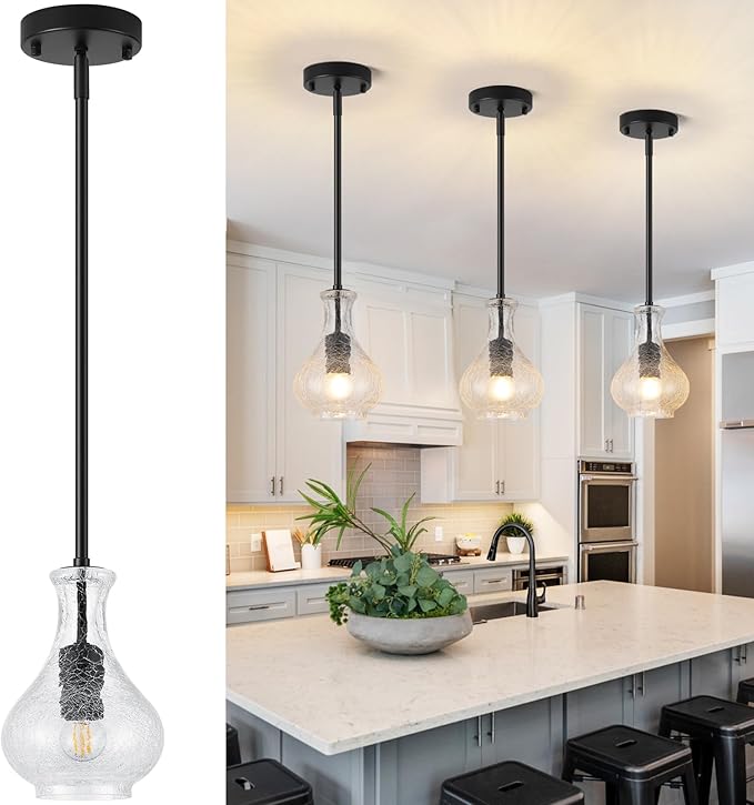 Black Pendant Lights Kitchen Island, 5.9" Unique Crackle Glass Pendant Light Fixtures with Adjustable Rods, Modern Single Hanging Lighting for Kitchen Island, Sink, Bathroom, E26 Base