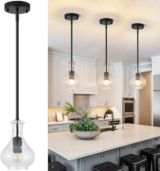 Black Pendant Lights Kitchen Island, 5.9" Unique Crackle Glass Pendant Light Fixtures with Adjustable Rods, Modern Single Hanging Lighting for Kitchen Island, Sink, Bathroom, E26 Base