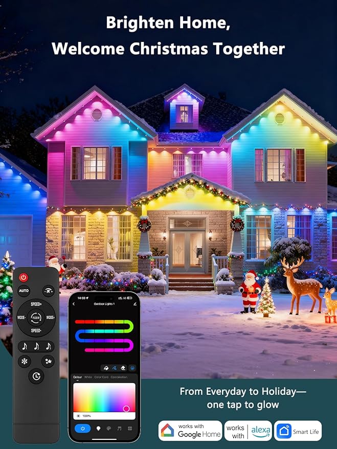 100FT Permanent Outdoor Lights Pro, RGBIC Smart Eave Lights with App/Remote Control, IP67 Waterproof, 44 Scene Modes with 40lm RGB for Outdoor Decorations, Christmas, Halloween