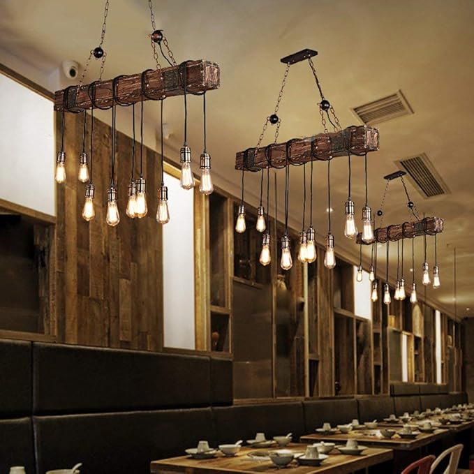Rustic Farmhouse Chandeliers for Dining Room & Kitchen Island 10-Light Adjustable Wooden Pendant Lighting 43.3" Retro Ceiling Hanging Light for Bar & Pool Table