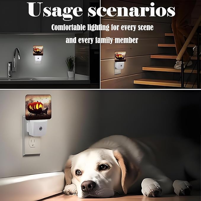 Halloween Pumpkin Carriage Night Light,Plug Into Wall with Dusk to Dawn Light Sensors, Warm Nightlights for Bedroom, Bathroom, Hallway, Kitchen, Gifts Ideal for Boys Girls Women Men