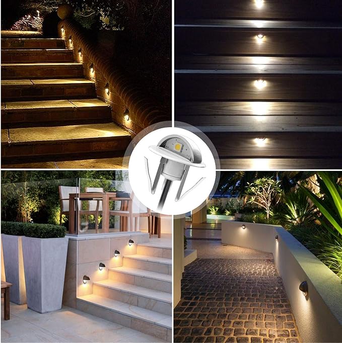 LED Outdoor Deck Lights Kit, 12V Low Voltage 10 Pack IP65 Waterproof Small In-Ground Recessed Step Deck Lighting with Transformer Pathway Outdoor Landscape Decoration Lamps(Warm White, Silver)