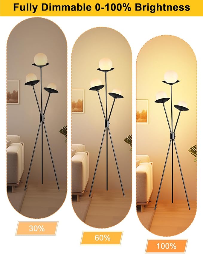 Lightdot Tripod Floor Lamp Dimmable Globe Floor Lamps with 3 LED Bulbs, 3000K Soft Warmwhite Mid Century Modern Standing Lamps Black Tall Lamp for Living Room/Bedroom/Sofa Beside/Corner Decor