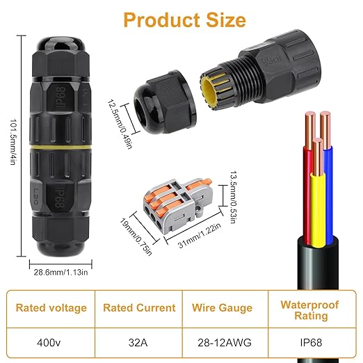Linkstyle 10-Pack Junction Box 3 Pin Electrical Cable Connectors, IP68 Waterproof Outdoor 3 Way 4-10mm Adjustable Wire Box with Replaceable 1 in 3 Out Lever Wire Connector 28-12AWG