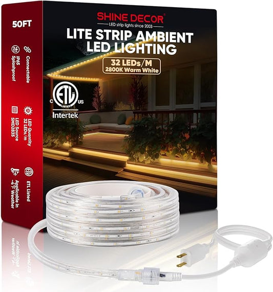 Shine Decor LED Strip Lights 36w Low Consumption, Cold Resistant IP65 Waterproof Outdoor Rope Light 120 VAC, Cuttable Connectable Indoor Lite Lighting Strip 50 FT ETL Listed 7x10mm 2800K Warm White