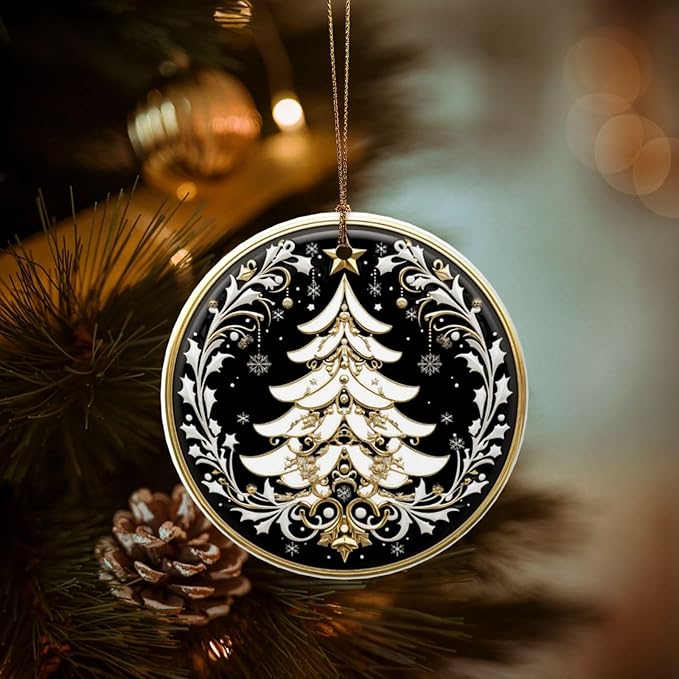 Tribal Bohemian Tree Christmas Ornaments, Christmas Decorations Xmas Tree Hanging Ornaments, Round Ceramic Festive Keepsake Gift for Xmas Decorations Holiday Home Decor