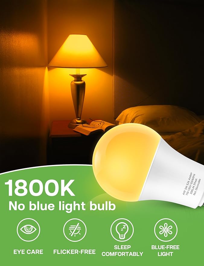 Amber Sleep Light Bulbs: 3W Amber Warm Light Bulb 1800K, Blue Light Blocking Dim Light Bulbs 40W Equivalent, E26 Bulbs for Mood Soothing, Bedroom and Baby Nursery, 2 Pack