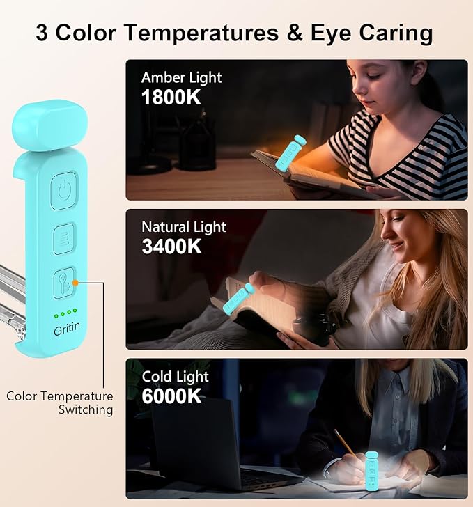 Gritin Reading Light, Rechargeable Book Light for Reading in Bed - Eye Caring 3 Color Temperatures, 5-Level Dimmable Brightness, Long Lasting, Compact Size Clip on Book Lamp for Bookworms-Blue