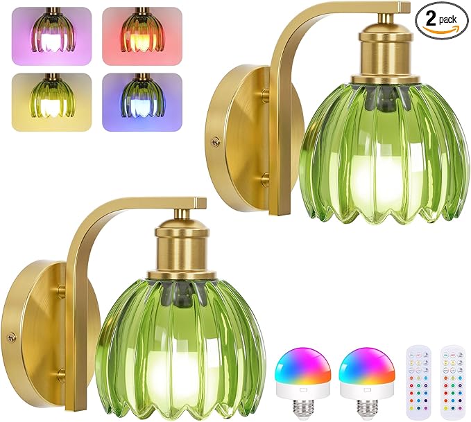 Rechargeable Battery Operated Wall Sconce Set of Two with Green Glass Lampshade, Wireless Battery Powered Wall Lamp with Remote Control, 15 Colors Gold Wall Light for Bedside Hallway Bedroom Doorway