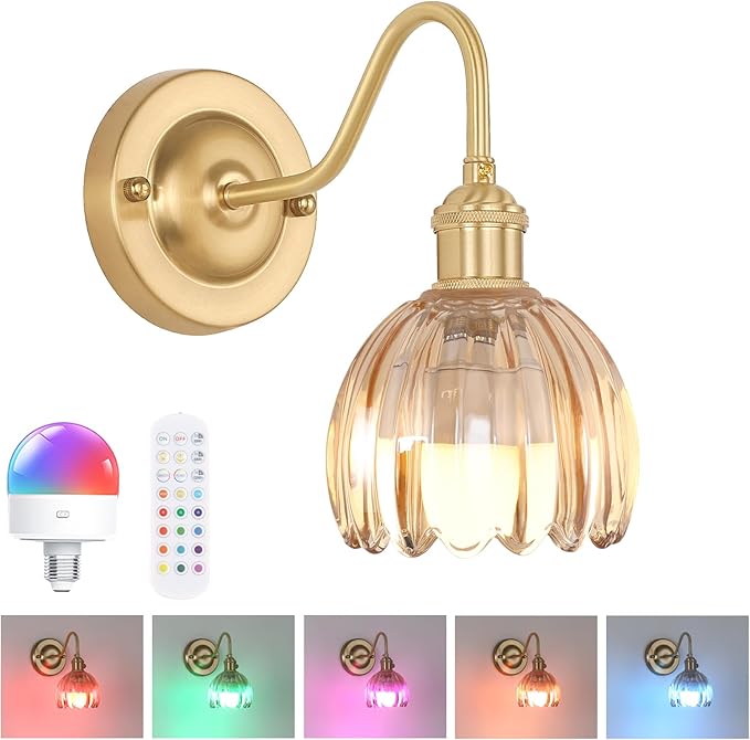 Vintage Battery Operated Wall Sconce, 5000mAh Rechargeable Wall Light, Indoor Battery Powered Wall Lamp for Bedside Bedroom Living Room, Tulip Amber