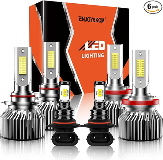 ENJOYAKKOM Compatible for Dodge Ram 1500 2500 3500 2009-2012 Ram Without Projector 2013-2018, High Low Beam Fog Lights Bulbs Combo 6500K White Plug-and-Play Replacement Bulbs, Pack of 6