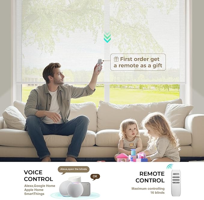 HeyBlinds Motorized Roller Shades, Smart Blinds for Windows, Remote Automatic Window Shades, Electric Shades, Light Filtering, Compatible with Alexa Google Apple Home (Mist-White LF)