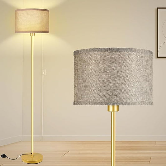 Gold Floor Lamp, Standing Lamp, Rustic Living Room Lamps with with Jute Shade, Foot Pedal Switch, Bright Farmhouse Tall Lamp, Corner Lamp for Bedroom Office (LED Bulbs Included)