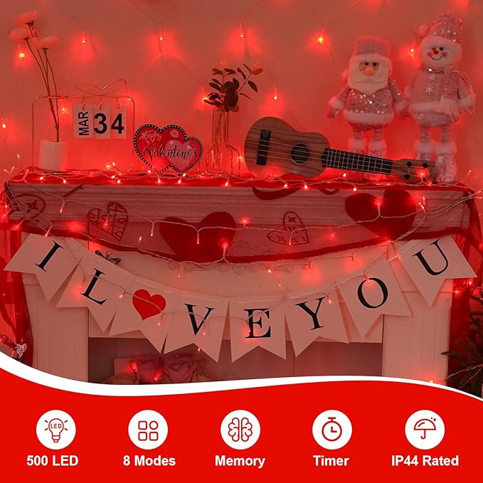 QITONG Red Valentine Lights Outdoor, 165ft 500 LED String Lights Plug in, Clear Wire Twinkle Christmas Lights Indoor with 8 Modes