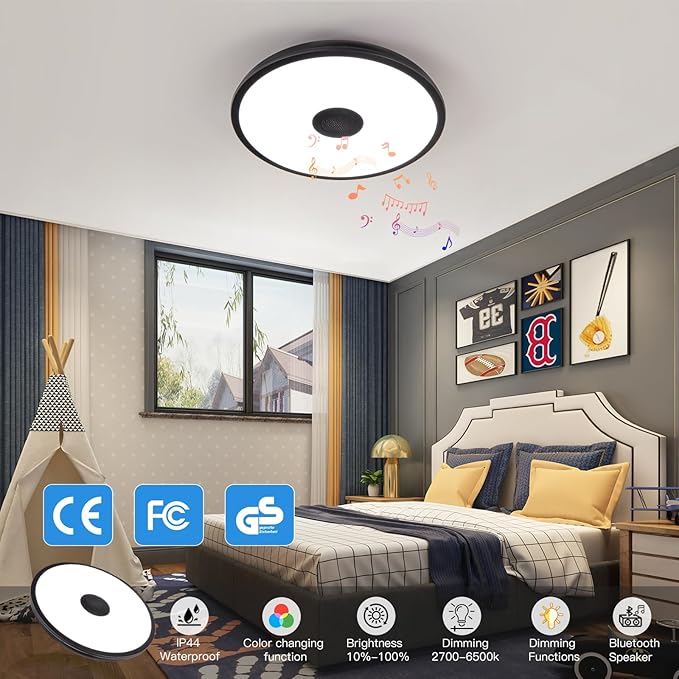 Black Waterproof LED Flush Mount Ceiling Light Fixture,with Bluetooth Speaker,11 Inch,18 watt,Dimmable Music Lamp,RGB Color Changing Light with Remote Control,for Bathroom,Shower,Bedroom