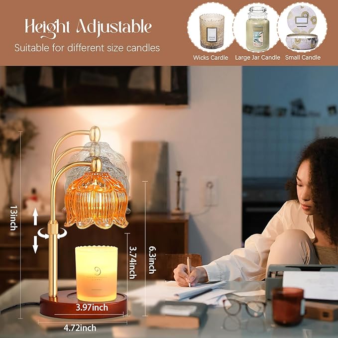 Adjustable Flower Candle Warmer Lamp with Timer, Lotus Tulip Glass Warmer Light for Jar Candles, Electric Wax Warming Melter, Gifts for Women Mom, Vintage Bedroom Decor (Amber)
