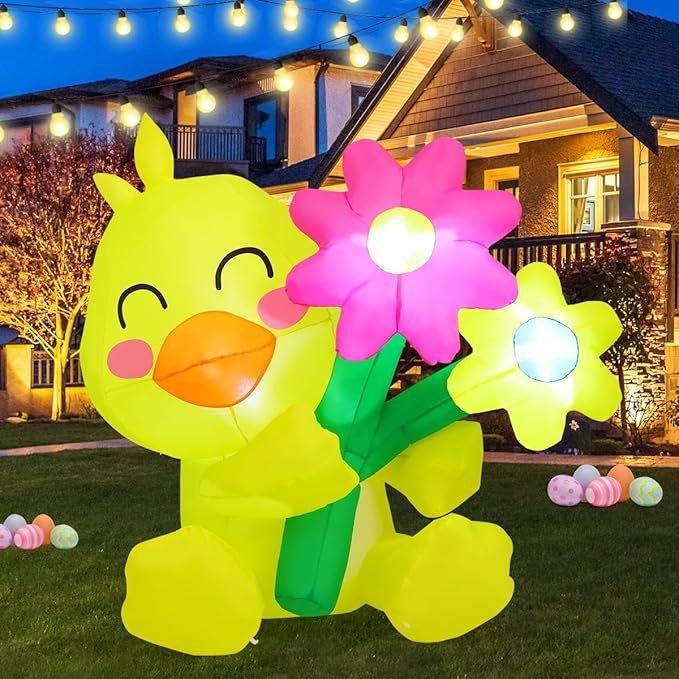 COMIN 5.2 FT Tall Easter Inflatables Chick take Flower Outdoor Decorations Blow Up Yard with Built-in LEDs for Indoor Party Garden Lawn Decor