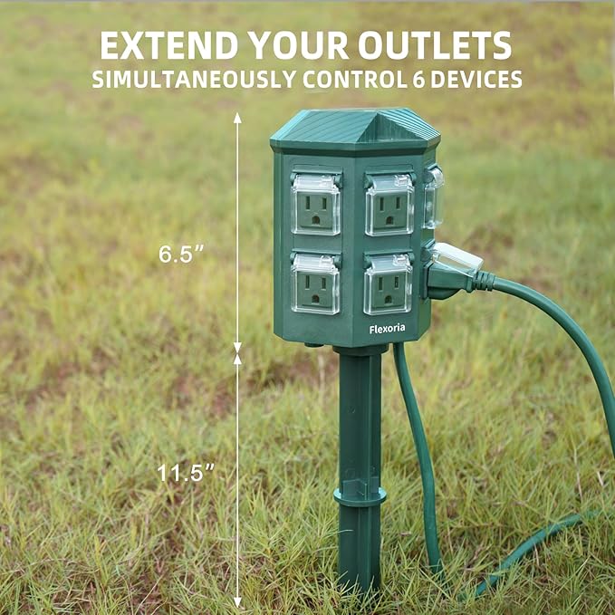 Outdoor Power Strip Timer Waterproof, Dusk to Dawn Light Sensor Countdown, 25 Feet Extension Cord, 6 Grounded Outlets for Christmas Decorations, ETL Listed