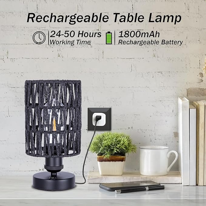 Cordless Outdoor Table Lamps, Rechargeable Rattan Boho, Dimmable Battery Operated for Patio, Home, Living Room, Bedroom, Bedside - Set of 2 (Black)