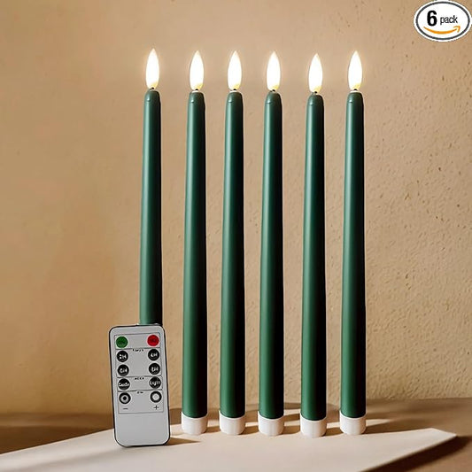 Green Flameless Taper Candles with Remote Timer, Flickering Battery LED Candlesticks Spring Home Decor Set of 6