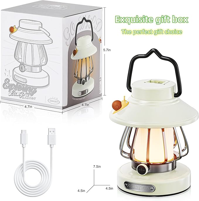 HOMY Snail Camping Lantern for Kids USB Rechargeable, 3 Color Dimmable LED Light, Portable Outdoor Indoor Night Light for Toddlers, Tent, Bedroom & Power Outages (Milk White)