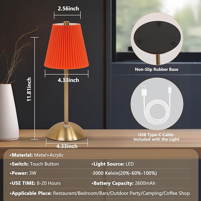 Cordless LED Red Orange Table Lamp with Dimmer, Built-in Rechargeable Battery, 3-Level Brightness, Patio Table Lamp, Bedside Night Lamp, Ambient Light for Restaurant, Antique Brass (Orange)