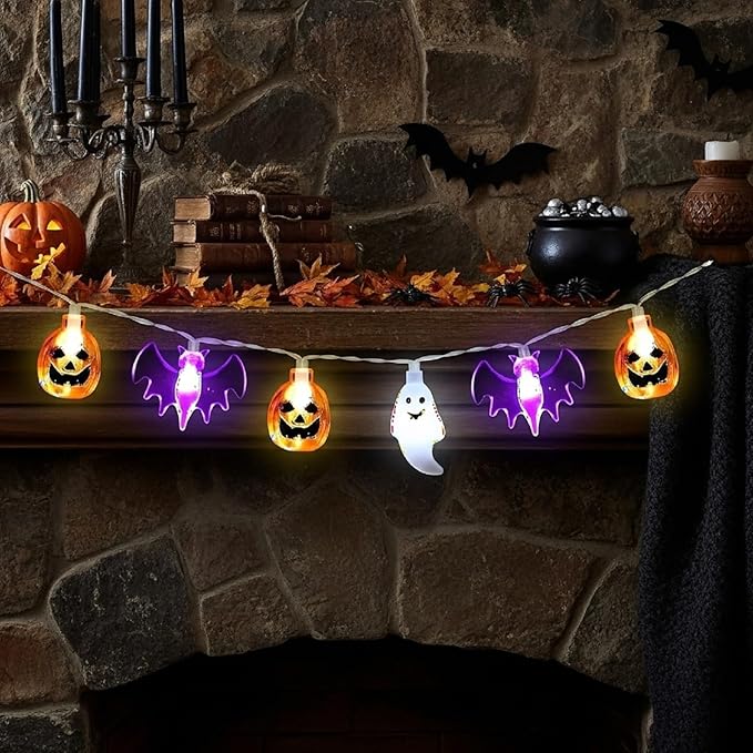 Retisee 10 ft Halloween Lights Decorations 3D Pumpkin Bat Ghost Battery Operated String Lights Halloween Fairy Light for Home Window Indoor Outdoor Party Porch Decor