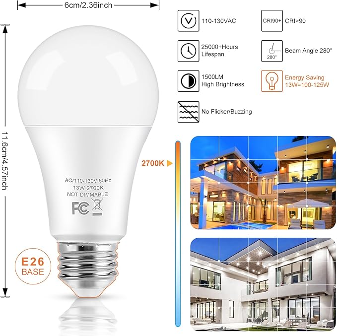 LED Light Bulbs, 100 Watt Equivalent A19 LED Bulbs, 13W 2700K Warm White 1500 Lumens Non-Dimmable Bright E26 Edison Medium Screw Bulbs for Home Bedroom Kitchen Living Room Office Lamp, 10-Pack