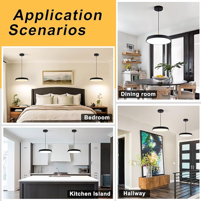 Black Pendant Light Fixtures 16inch,LED Modern Industrial KitchenIsland Hanging Lighting,3 Color Temperature Chandelier Metal Ceiling Light for Bar,Dining Room,Bedroom,Living Room
