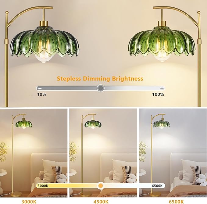 Gold Floor Lamp for Living Room,Bedroom,Mid Century Modern Standing Lamp with Remote,Dimmable Brass Tall Lamp Green Glass Lamp Vintage Retro Arc Floor Lamps Flower Floor Light Boho Bohemian
