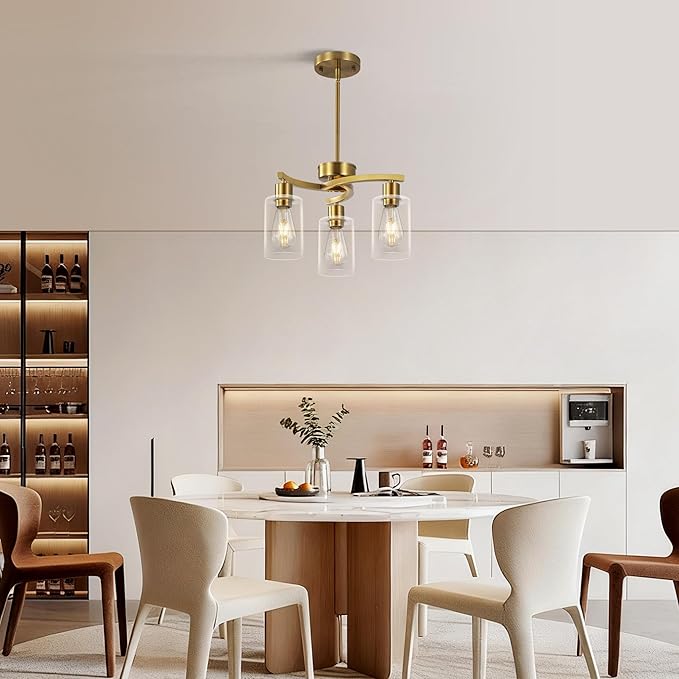 3 Light Brushed Gold Chandelier for Dining Room, Modern Kitchen Island Light Fixtures Over Table, Metal Hanging Pendant Lighting with Clear Glass Shade, Farmhouse Industrial Gold Finish