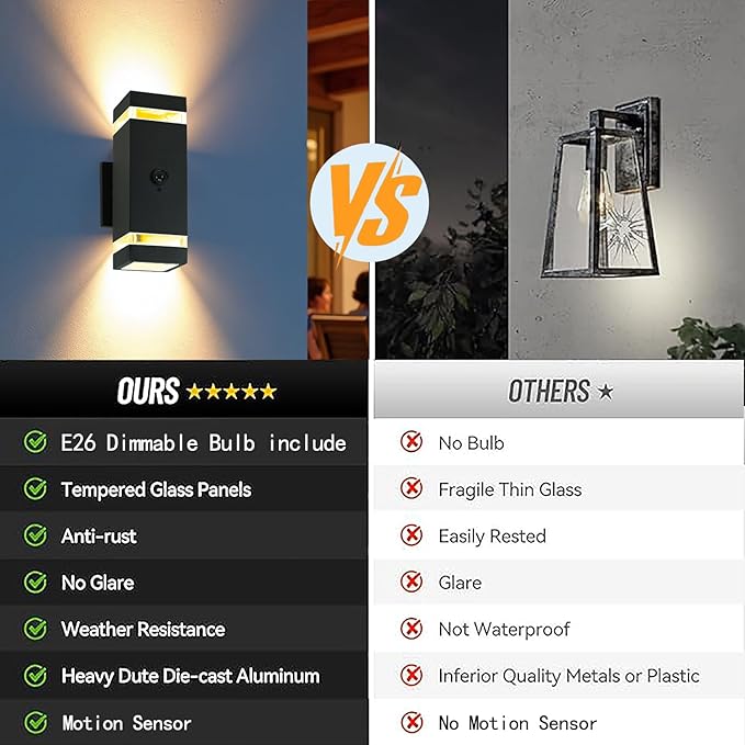 Motion Sensor Outdoor Wall Lights, Dusk to Dawn Exterior Sconce, Black Aluminum Waterproof Porch Light Fixtures with GU10 LED Bulbs, Modern Wall Mount Lighting for House Garage, ETL Listed