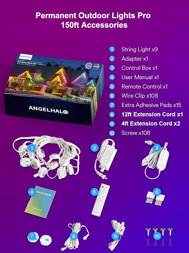 ANGELHALO Permanent Outdoor Lights Pro, 155ft with 108 LED Lights for Daily and Accent Lighting, Multiple Scene Modes Eaves Lights with Warm and Cool White Light, IP65 Waterproof, Works with Alexa