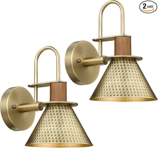 Brass Wall Sconces Set of Two, HWH Industrial Wall Light Fixtures Gooseneck Barn Light, Single Wall Lamp for Bedroom Bedside Bathroom Kitchen, Hammered Metal Shade, Antique Brass, 5HZG74B-2 BG