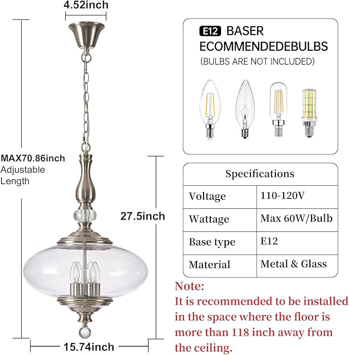 Modern Glass Large Pendant Light Brushed Nickel 5-Light Chandelier,H 27.5" x W 15.7" for Dining Room, Kitchen Island, Hallway