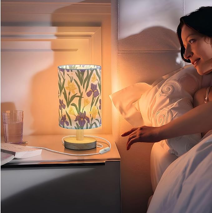 Purple Irises Yellow Daffodils Retro Floral Bedside Table Lamps with USB Port for Bedroom Lamp Small Nightstand Lamp Sturdy Linen Shade Wooden Decorative Lamps for Nursery Kids Reading Dorm Home