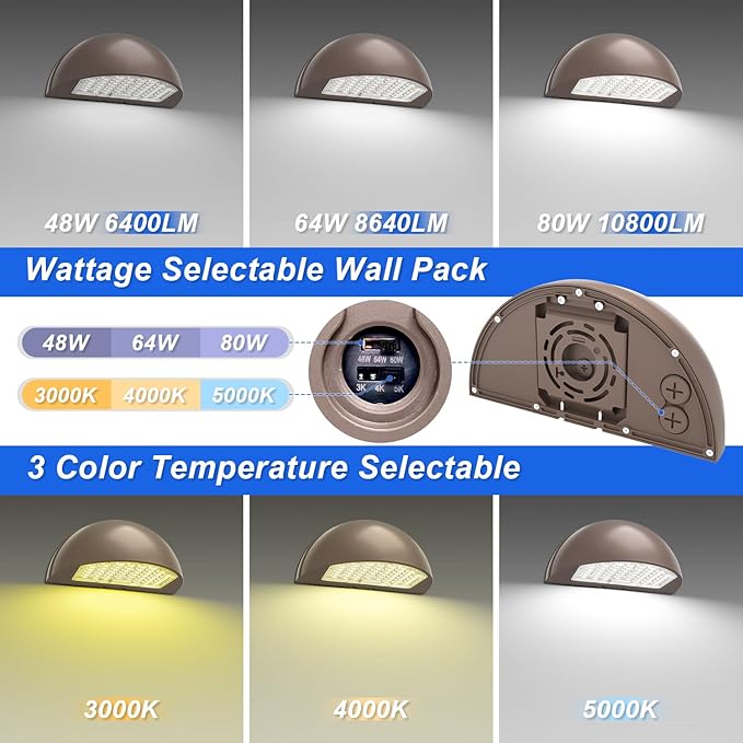 Half Moon Full Cut-Off LED Wall Pack Light with Photocell, 80W/64W/48W Power Selectable, 3CCT (3000K/4000K/5000K) Optional, IP65 Waterproof Outdoor Wall Security Light, AC120-347V, DLC UL Listed