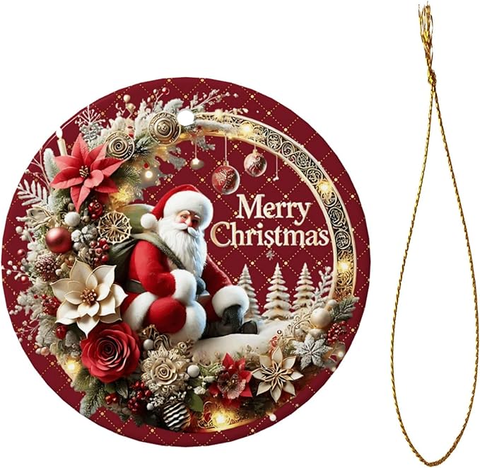 Merry Christmas Santa Claus Wreath Christmas Ornaments, Christmas Decorations Xmas Tree Hanging Ornaments, Round Ceramic Festive Keepsake Gift for Xmas Decorations Holiday Home Decor